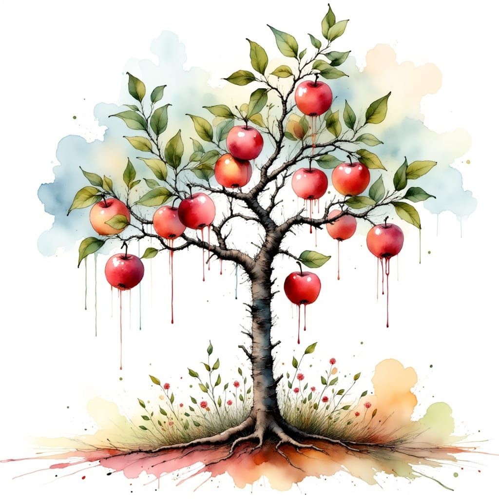 Apple Tree in Ink and Watercolor Style