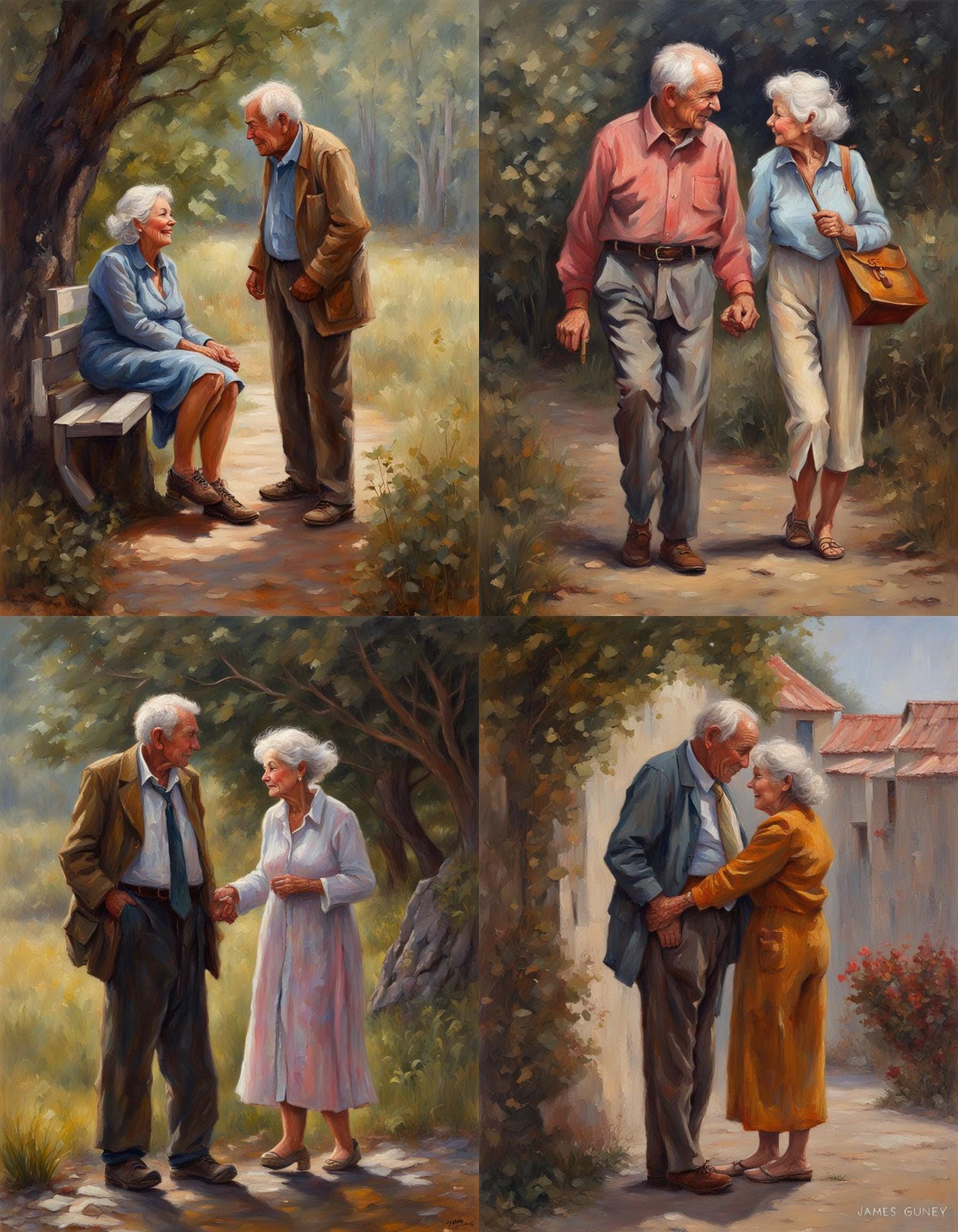 Elderly Couple Falling in Love Again as Oil Painting