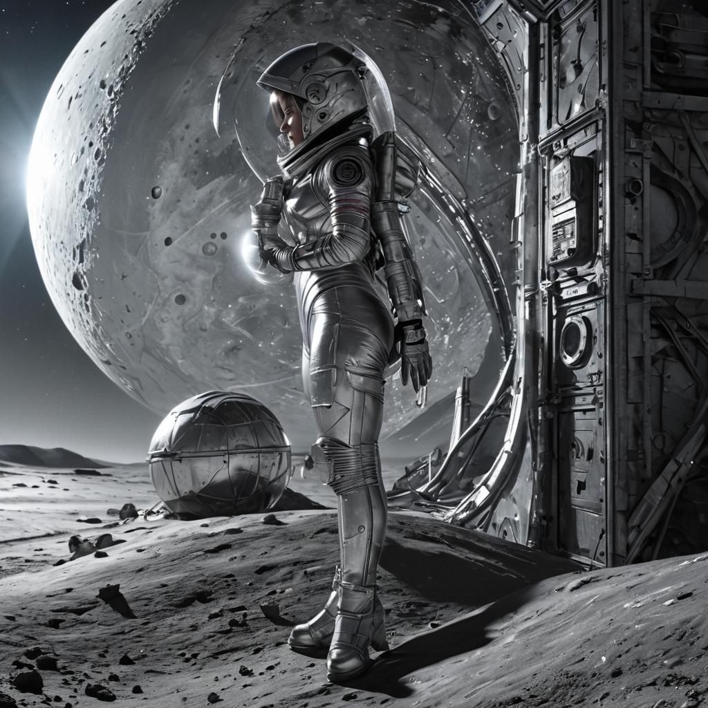 The adult female stands on the airless moon, her futuristic ...