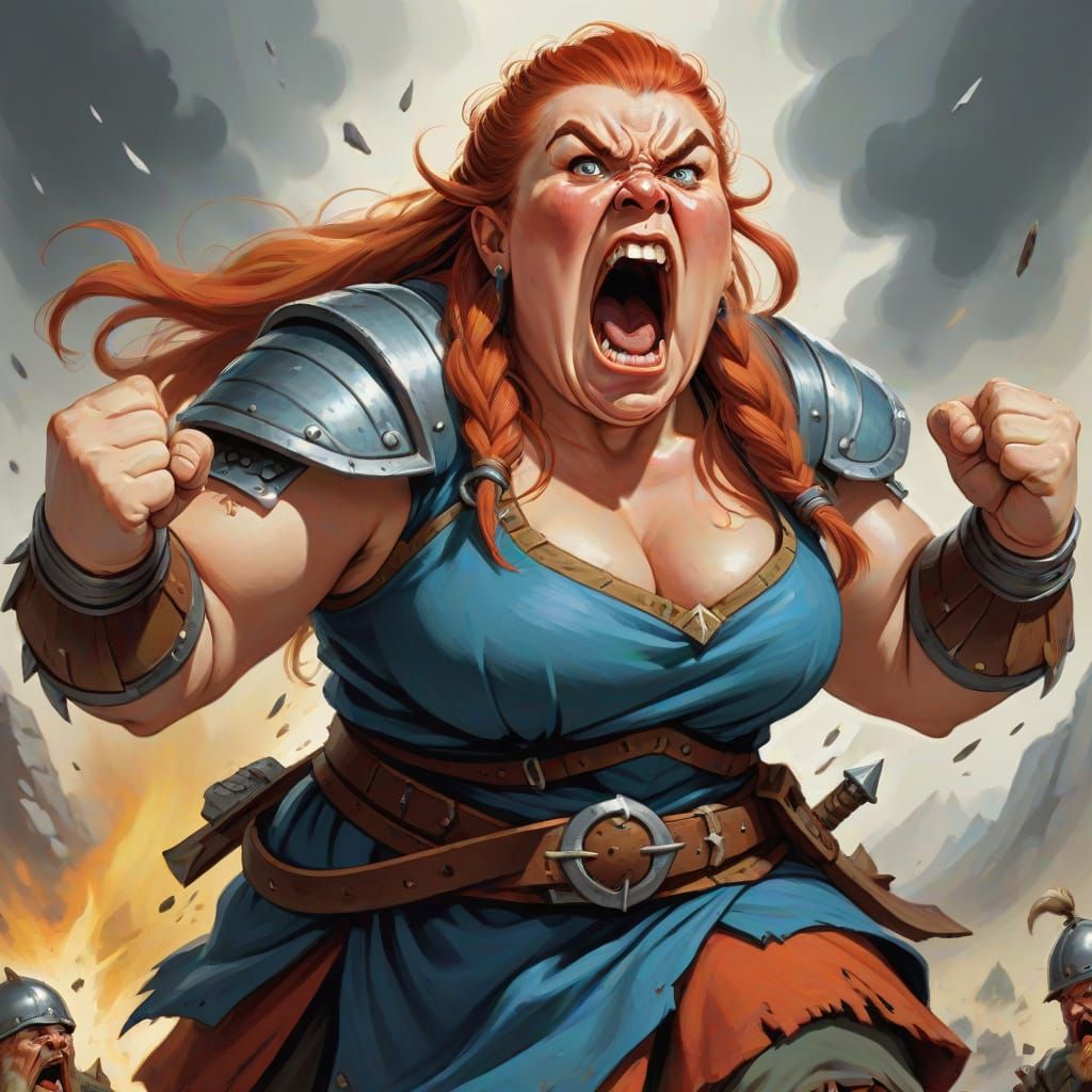 Fierce Dwarf Woman Warrior Yelling in Rage