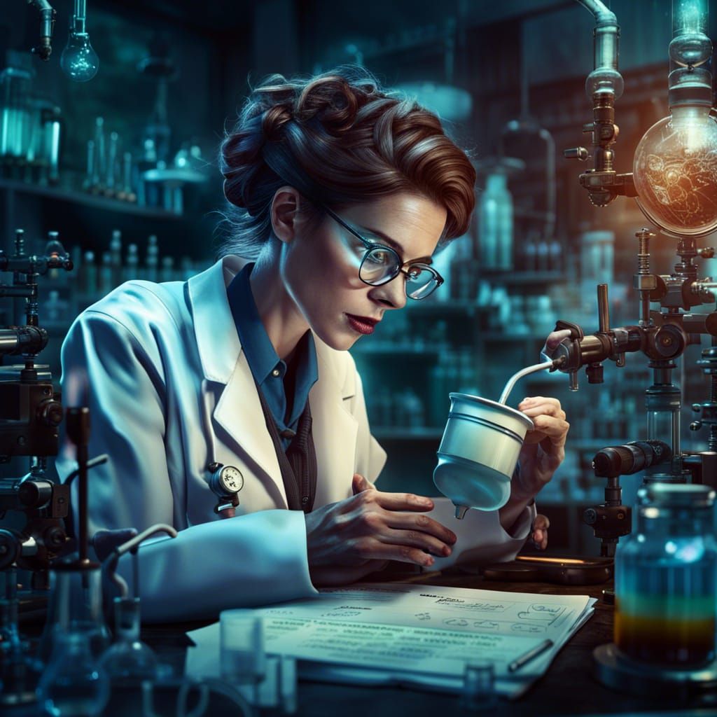 Mystical Nerd Woman in Lab: Detailed Matte Painting
