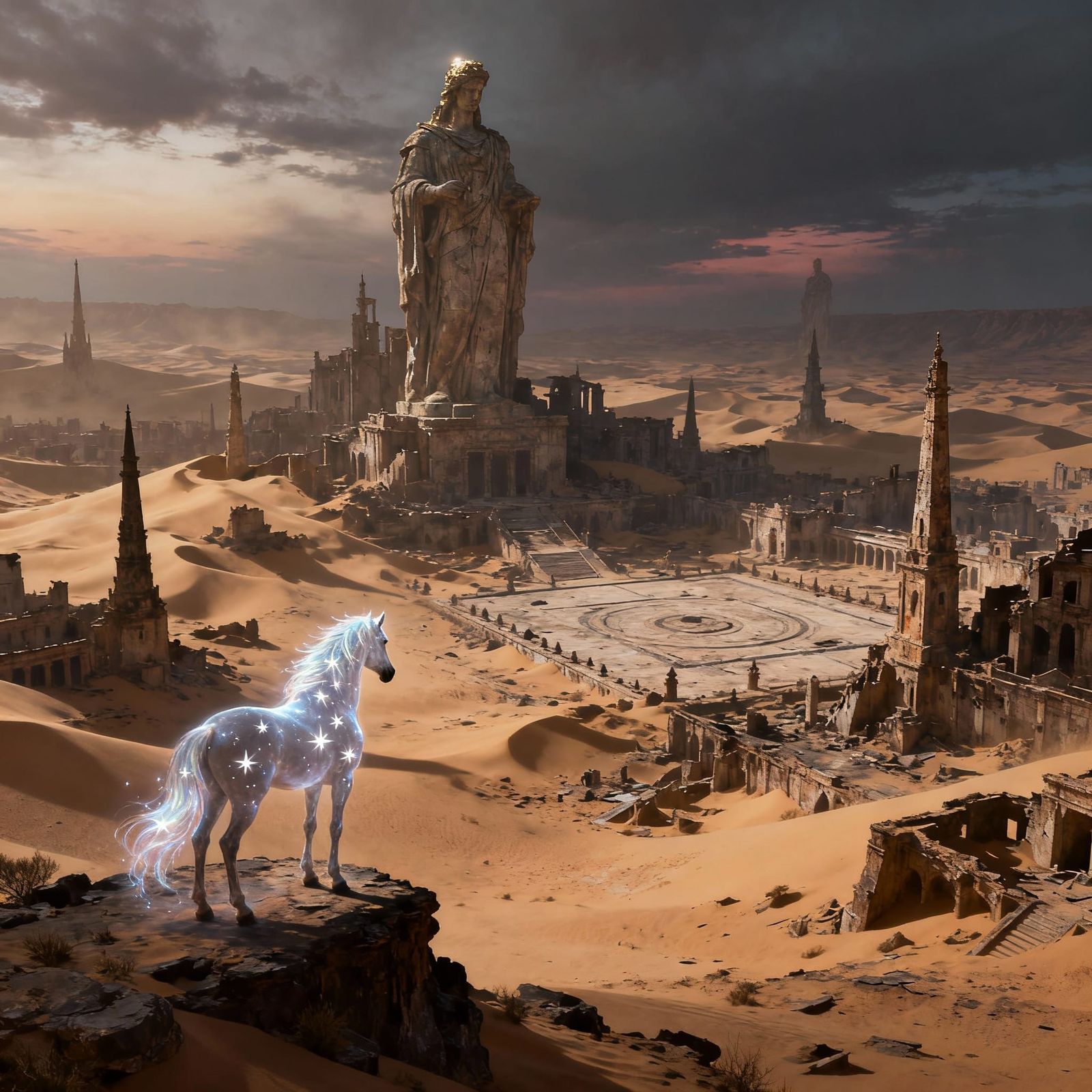 Spectral Stallion in Crumbling Desert City