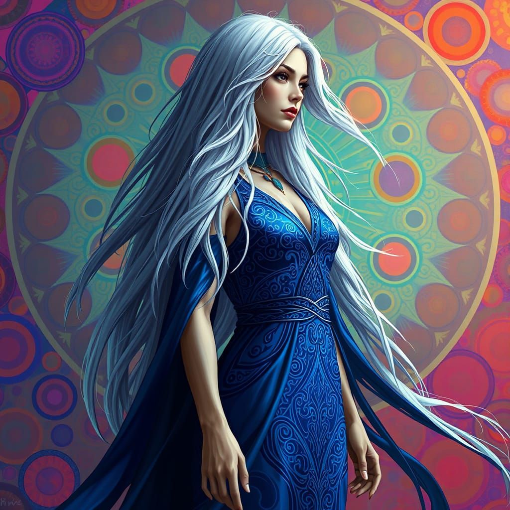 A stunning figure with long, flowing silver hair wears a str...