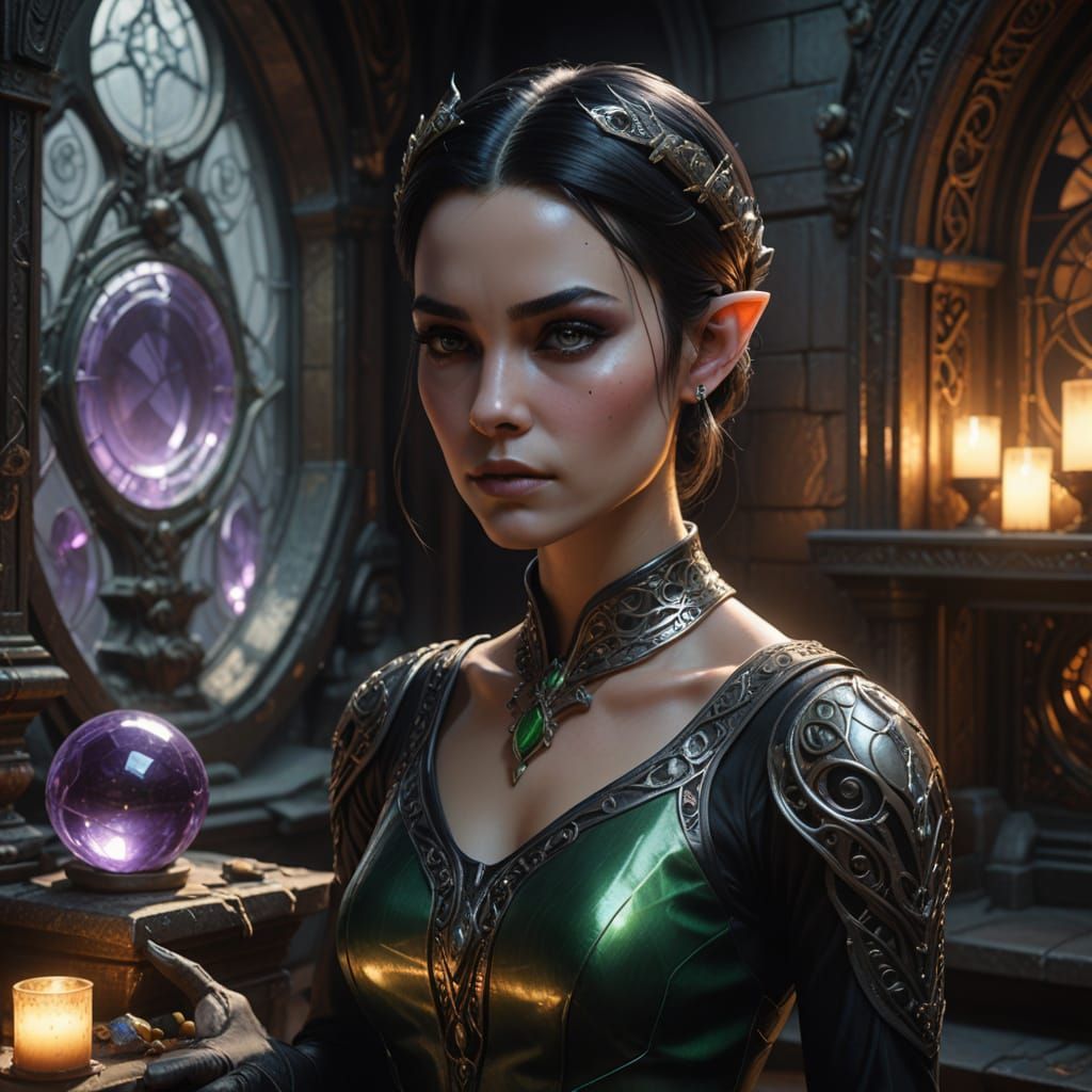 Elegant Drow Alchemist in Opulent Workshop