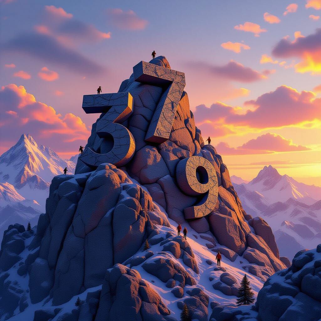 Mountain Range Made of Giant Numbers at Sunset