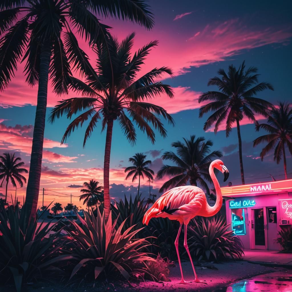 Synthwave Flamingo by Palm Tree in Miami