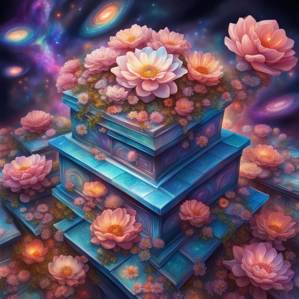 Cosmic Rooftop Garden in Holographic Style