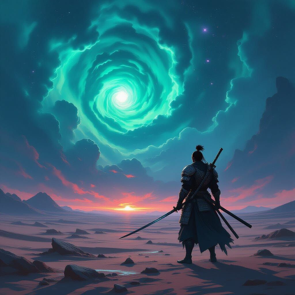 Ancient Samurai Warrior Under Alien Nebula Sky