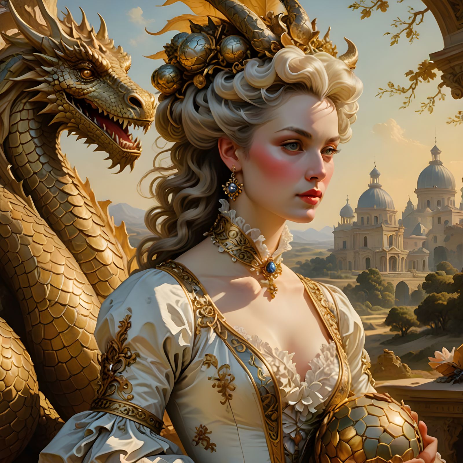 Rococo Dragon Rider in Desert Landscape