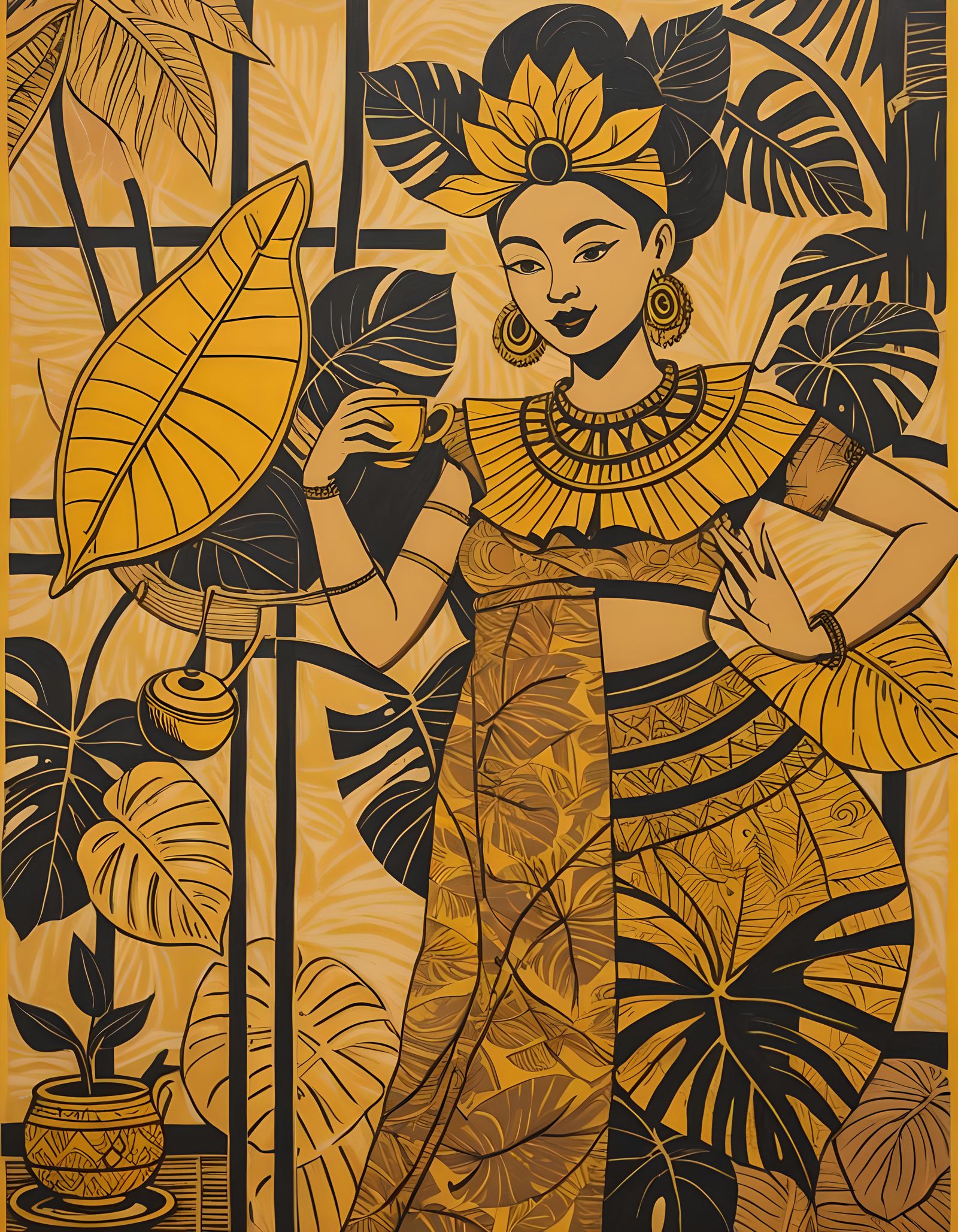 Balinese Dancer with Mango: Cubist Woodcut Print