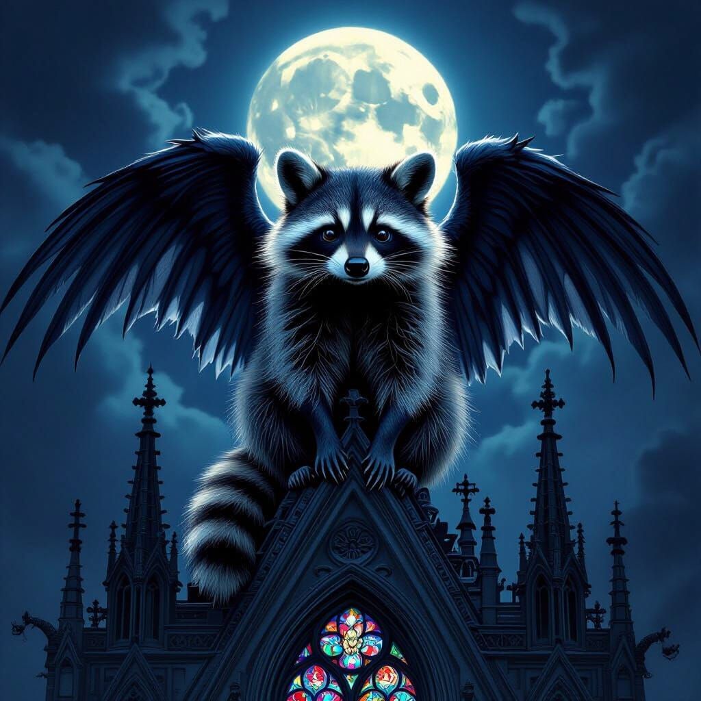 Raccoon with Angel Wings on Gothic Cathedral