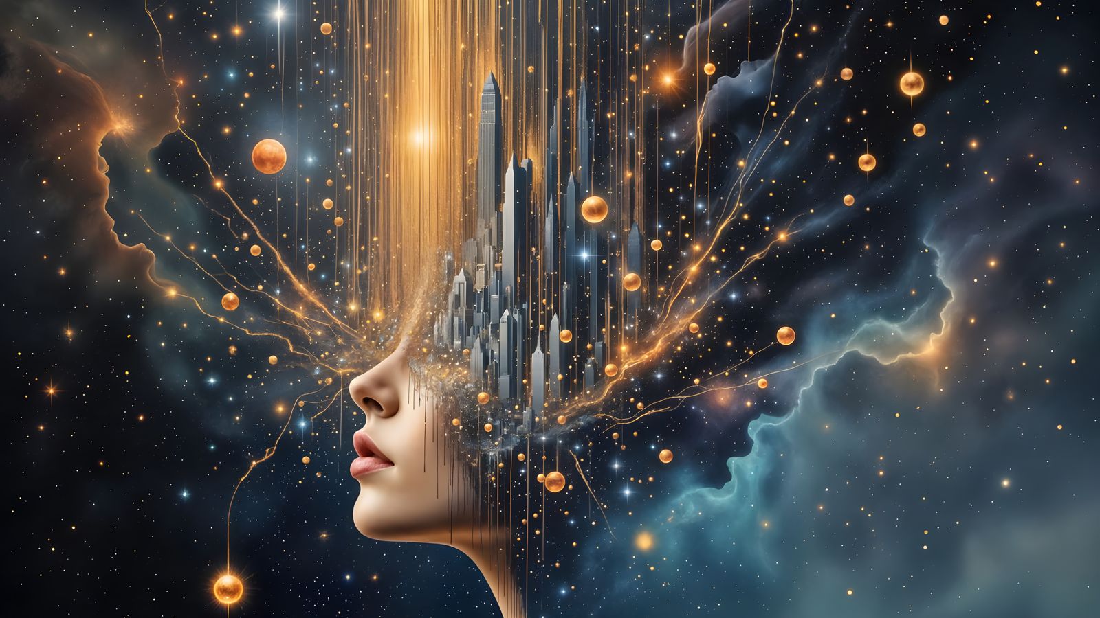 Cosmic Portrait: Woman in Galactic Cityscape