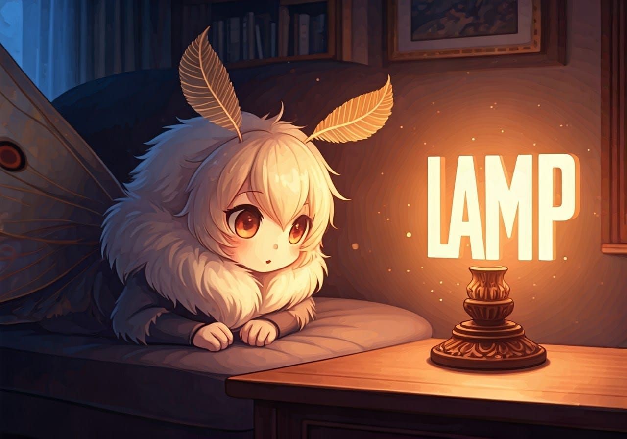Moth Girl Gazing at Glowing Lamp, Anime Art