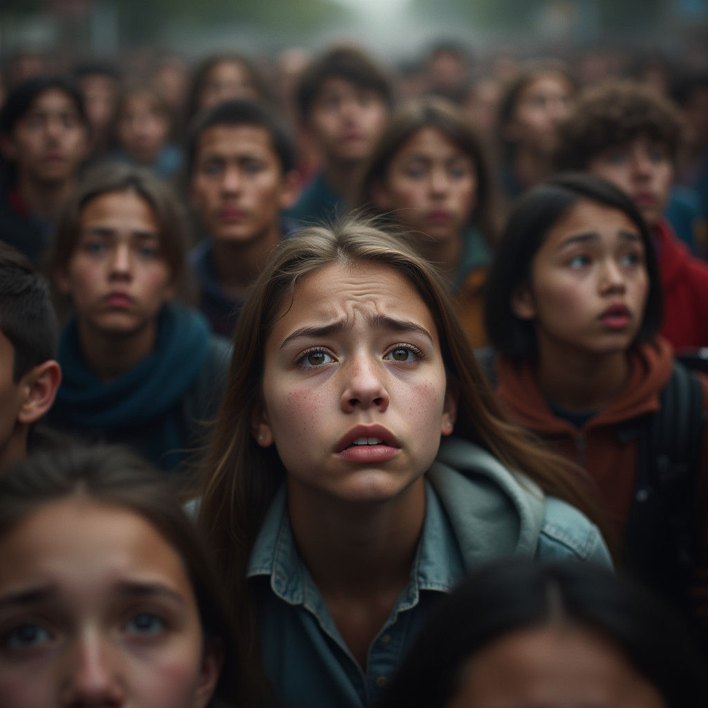 Worried Student in Crowded Scene: Hyper-Realistic Photo