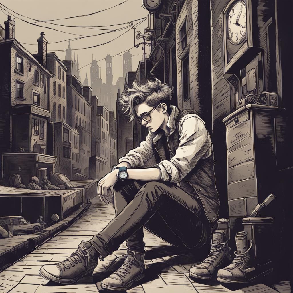 Exhausted Hipster in Steampunk City Alley