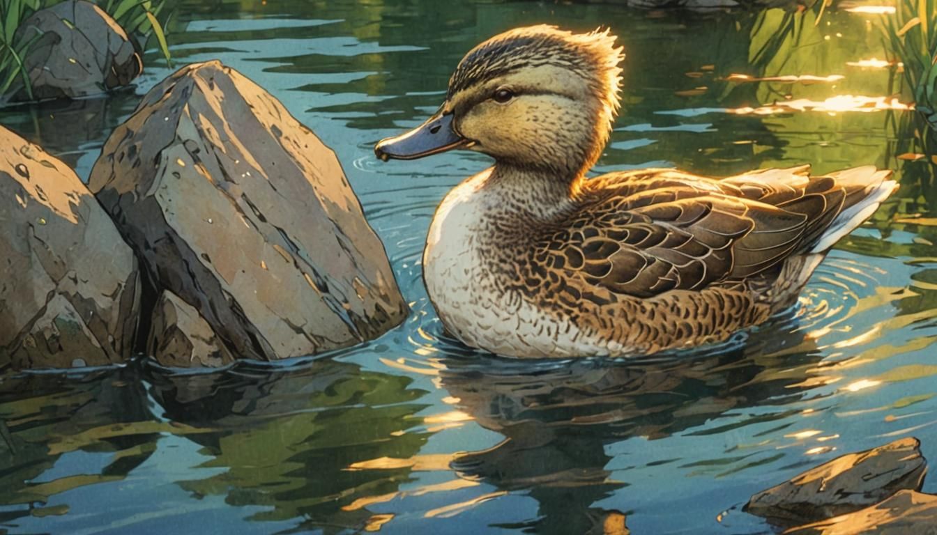 Serene Duck on River Rock: Manga-Style Splash Art