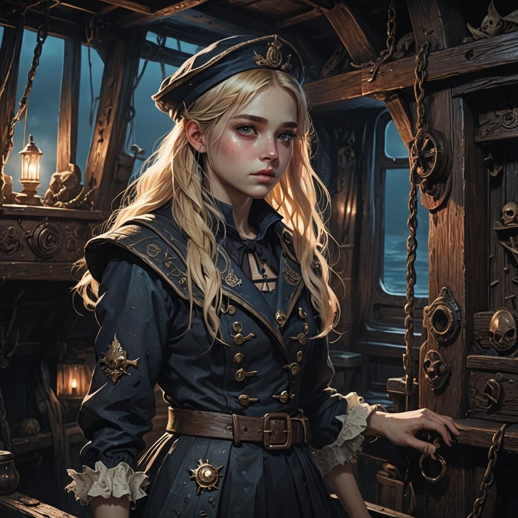Eerie Boat Scene with Girl in Dark Sailor Outfit