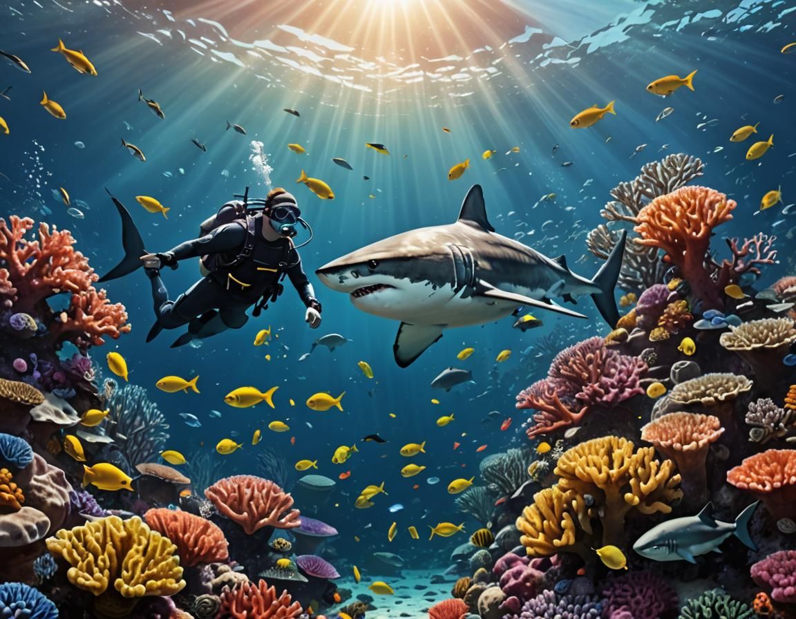 Hyperrealistic Scuba Diver and Great White Shark