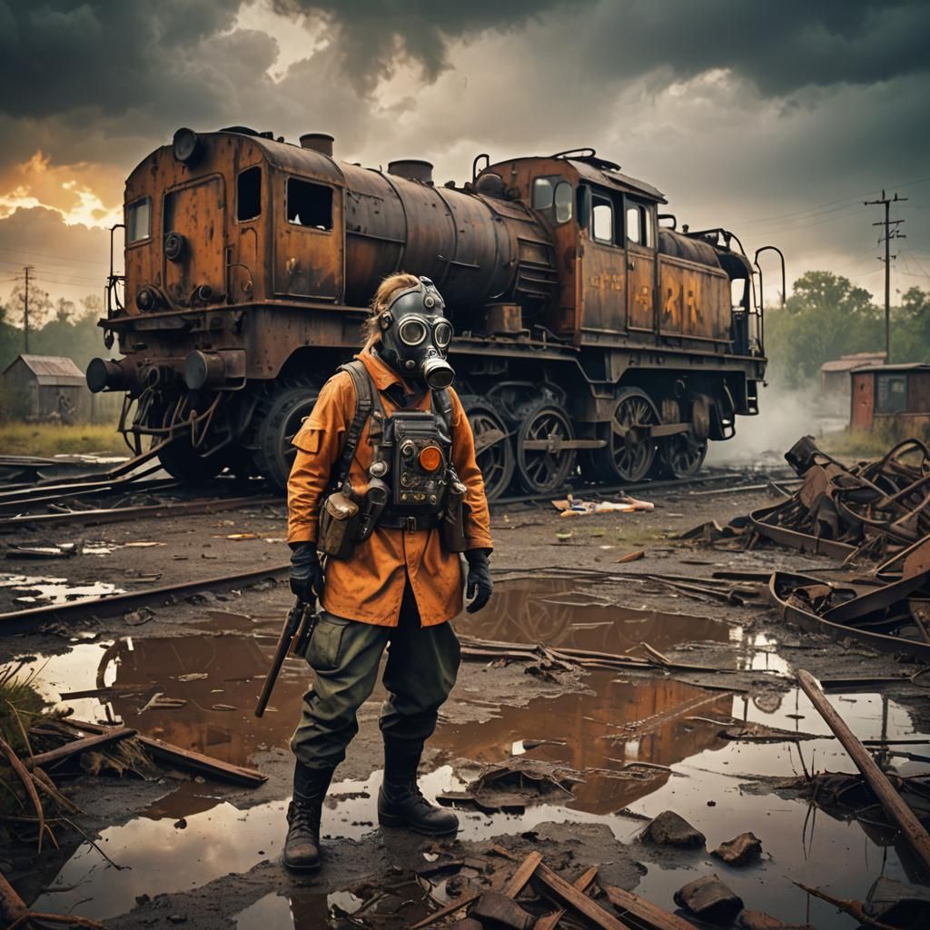 Grimdark Dieselpunk Locomotive in Post-Apocalyptic Wasteland