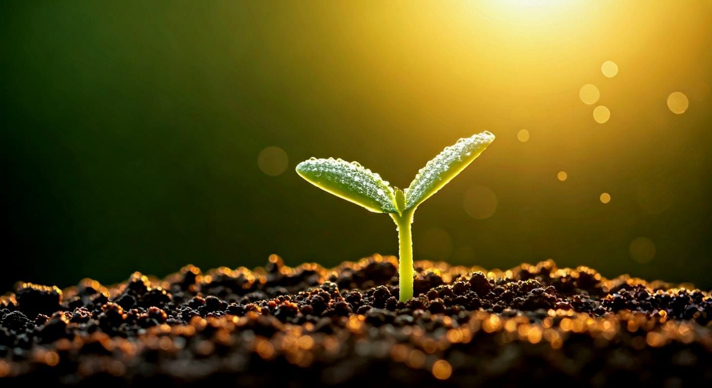 Hopeful Green Sprout Emerges in Golden Sunlight