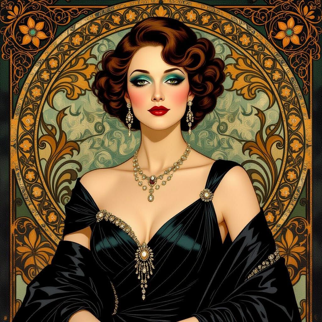 Elegant Woman in Luxurious Evening Attire with Intricate Mak...