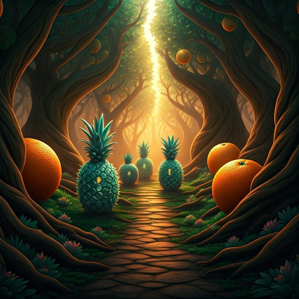 Glowing Orchard with Iridescent Fruit in Surreal Style