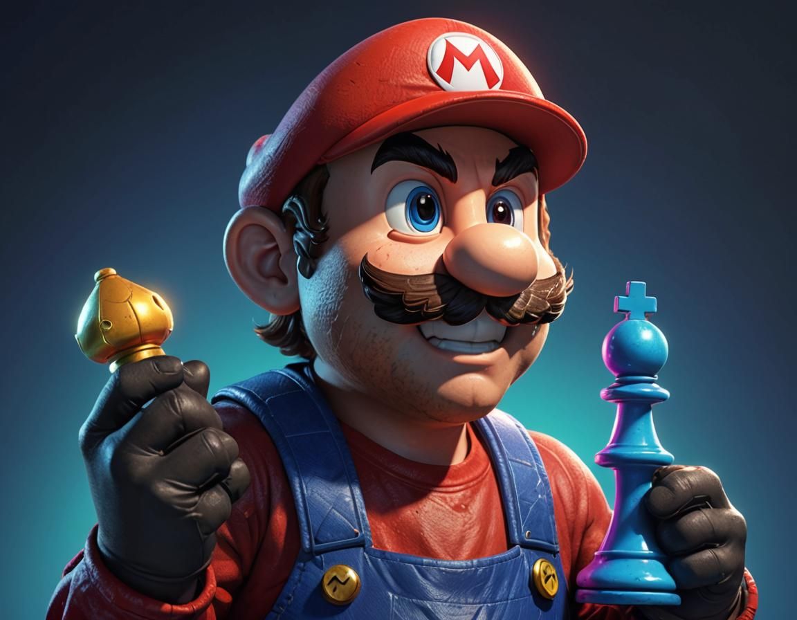 Angry Super Mario Chess Portrait in Pixar Style