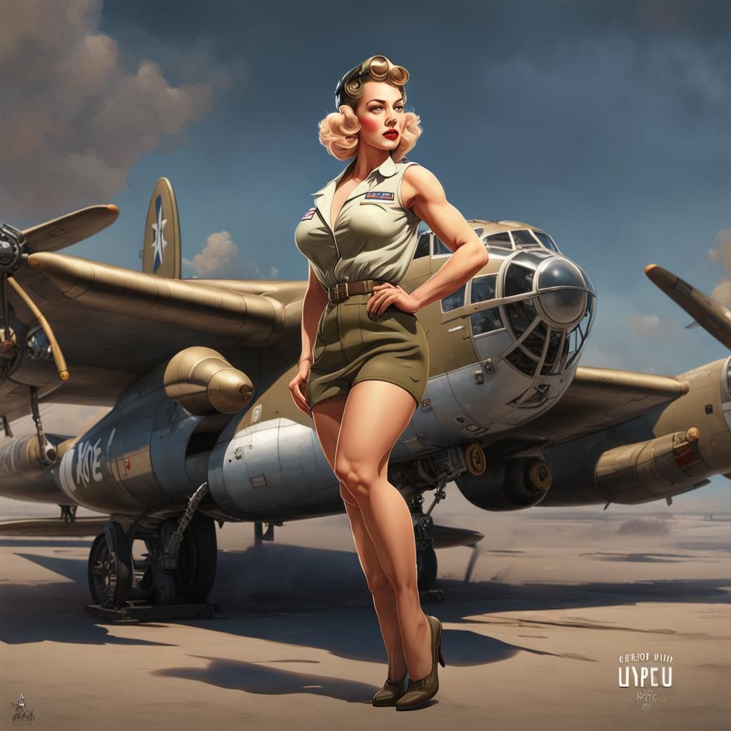 WWII Pin-Up Girl Portrait in Hyperrealistic Style