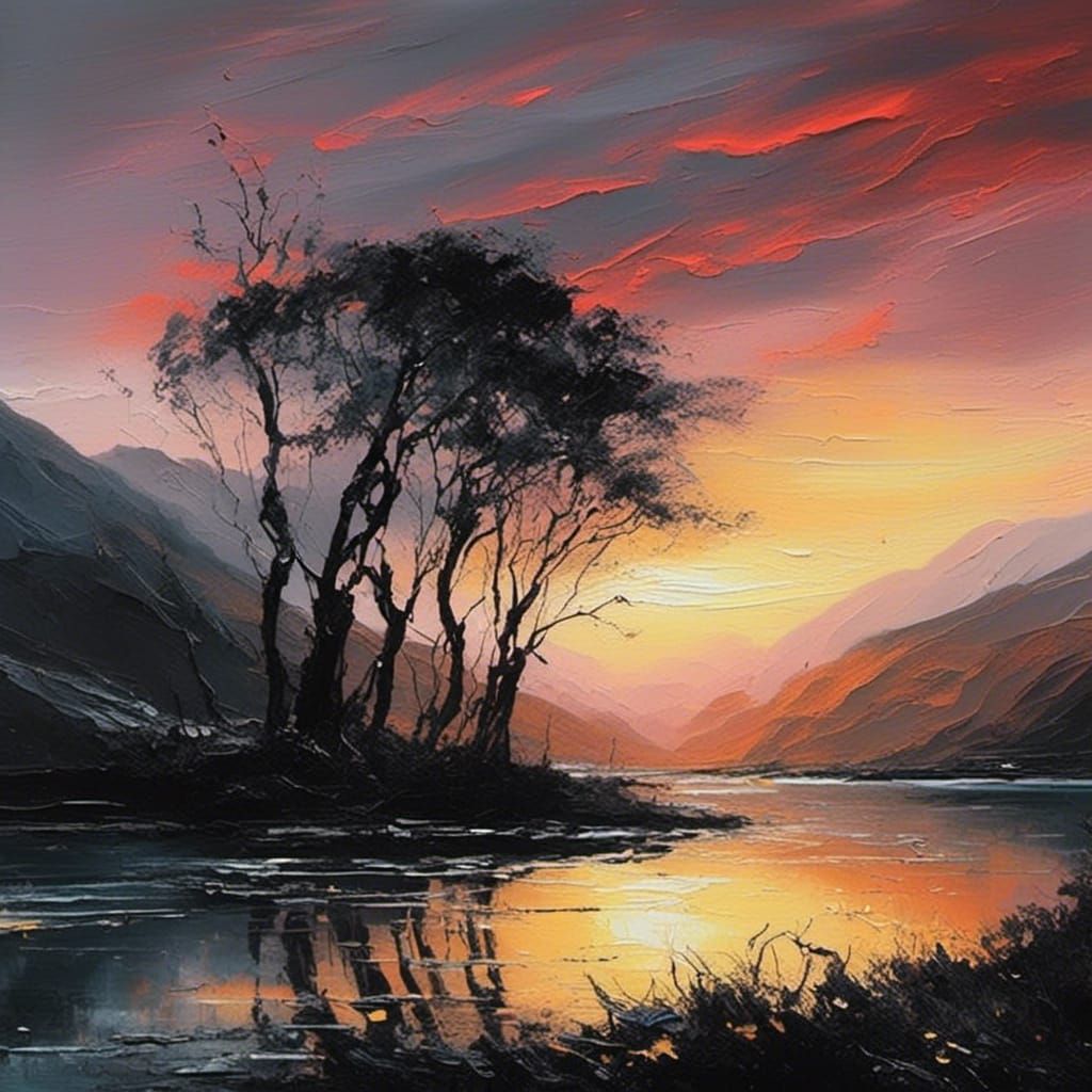 Minimalist Country Sunrise Impasto Liquid Ink Painting