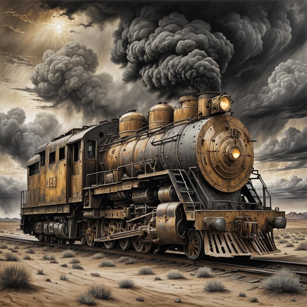 Armored Locomotive in Desert Storm: Charcoal Drawing