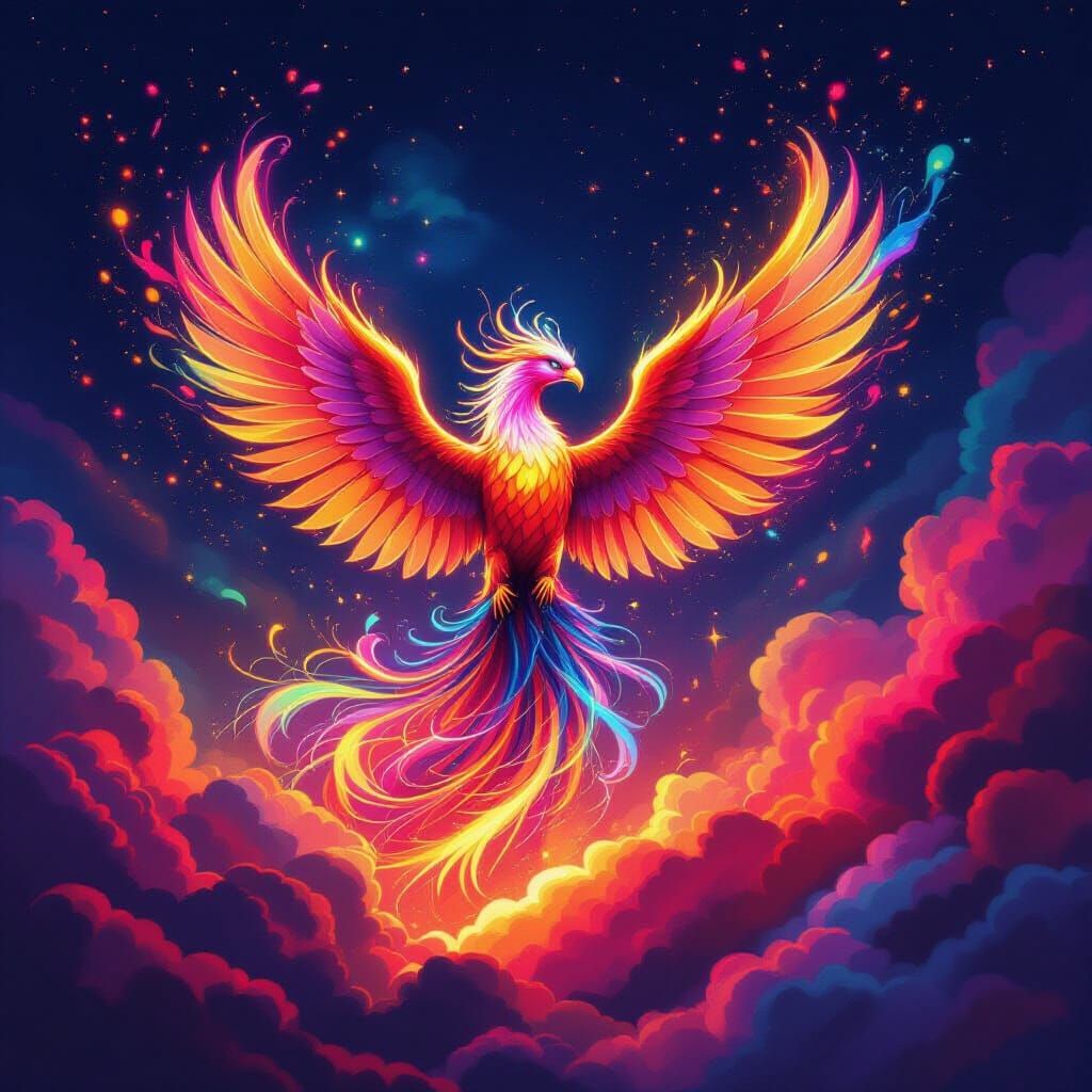 Majestic Phoenix Rises in Swirling Neon Flames
