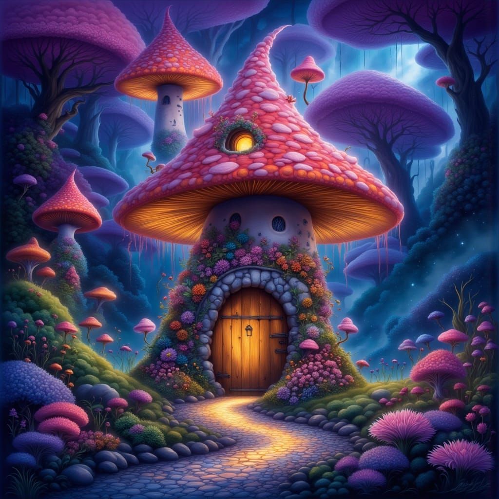 Whimsical Mushroom House in Bioluminescent Forest