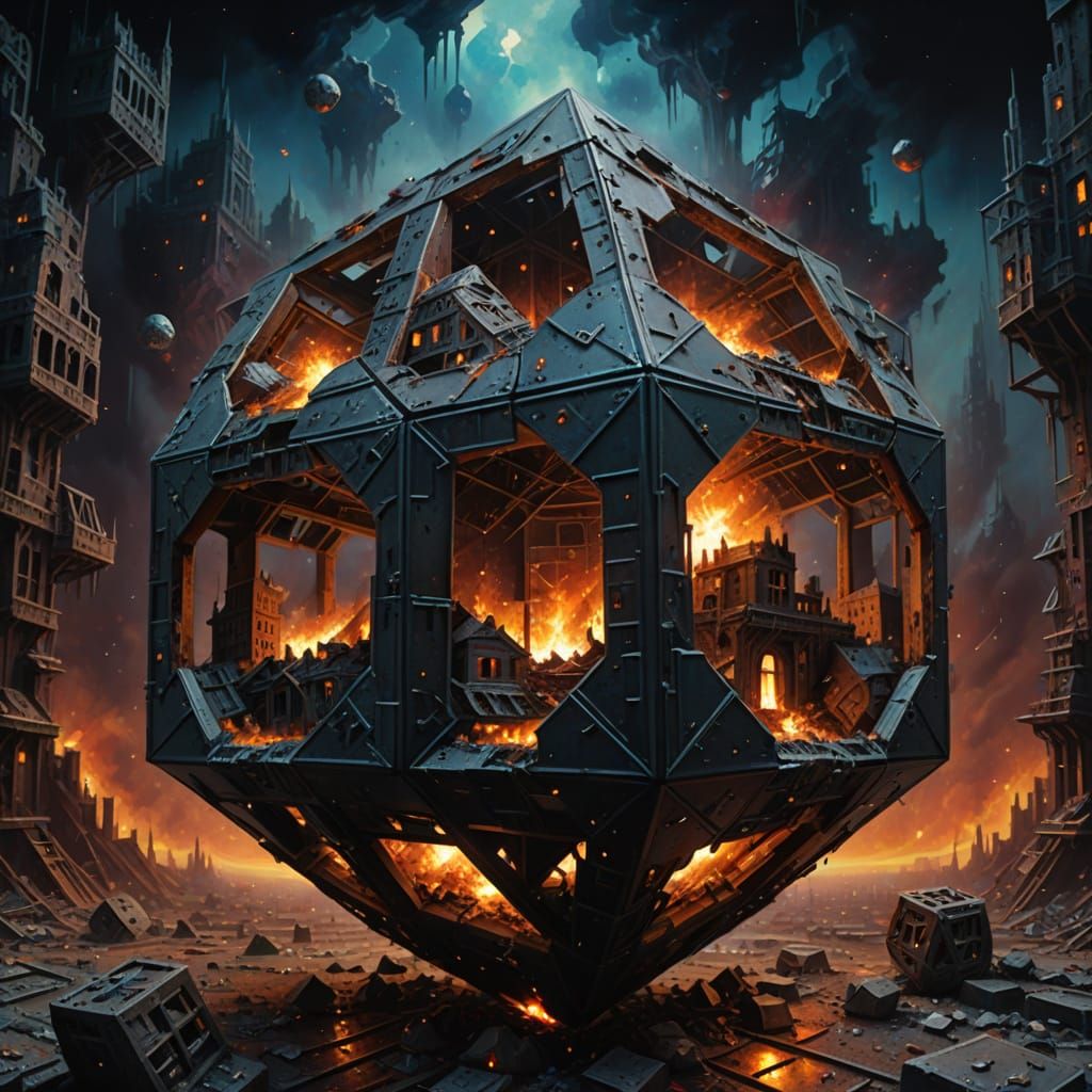 Vibrant Polyhedron Contains Ruins of a City in Dark Space