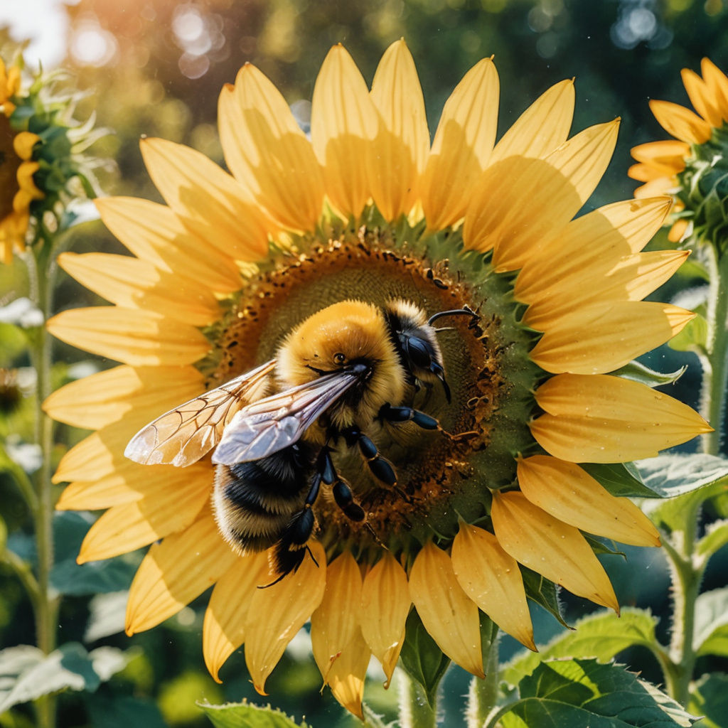 Bumblebee Landing on Sunflower in Watercolor Style