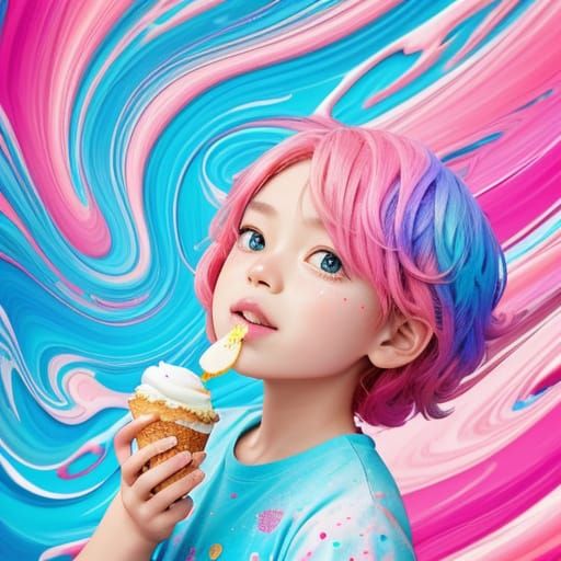 Child Eating Ice Cream in Splash Art Style