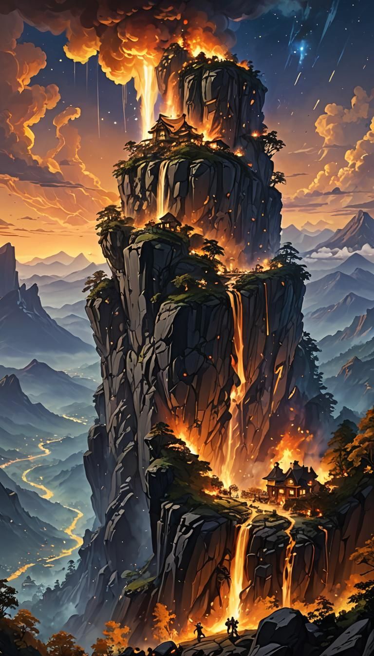 Magnificent Firefall Under a Fantastical Night Sky