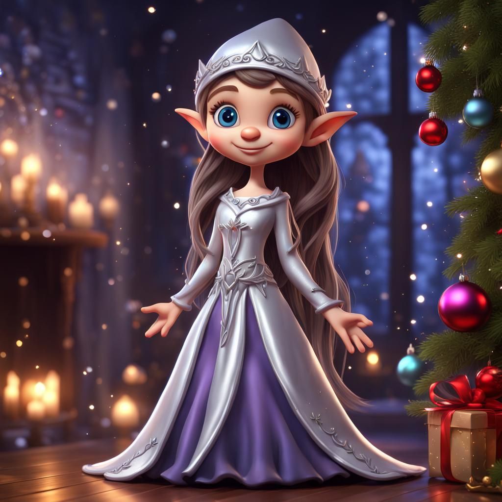 Cute Christmas Elf in Silver Dress: Cartoon Art