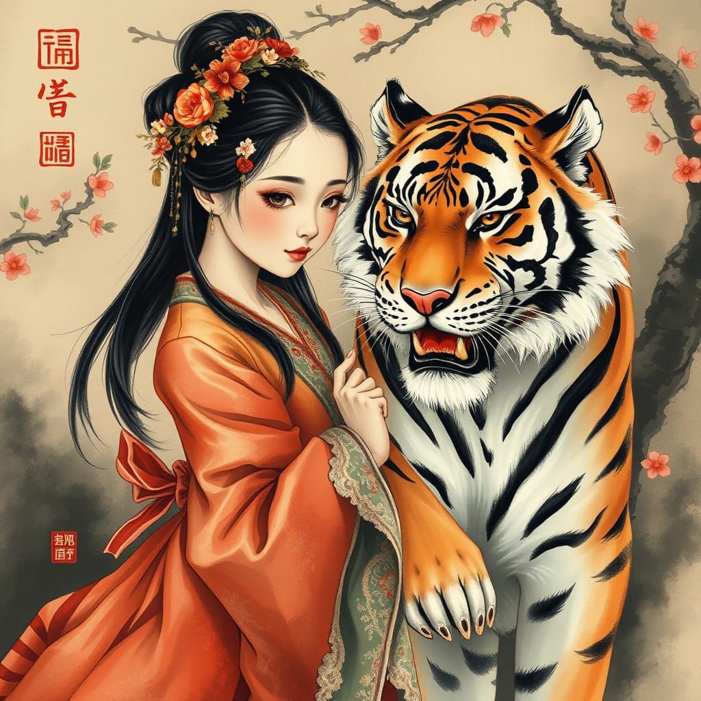 Girl and Tiger in Traditional Chinese Painting