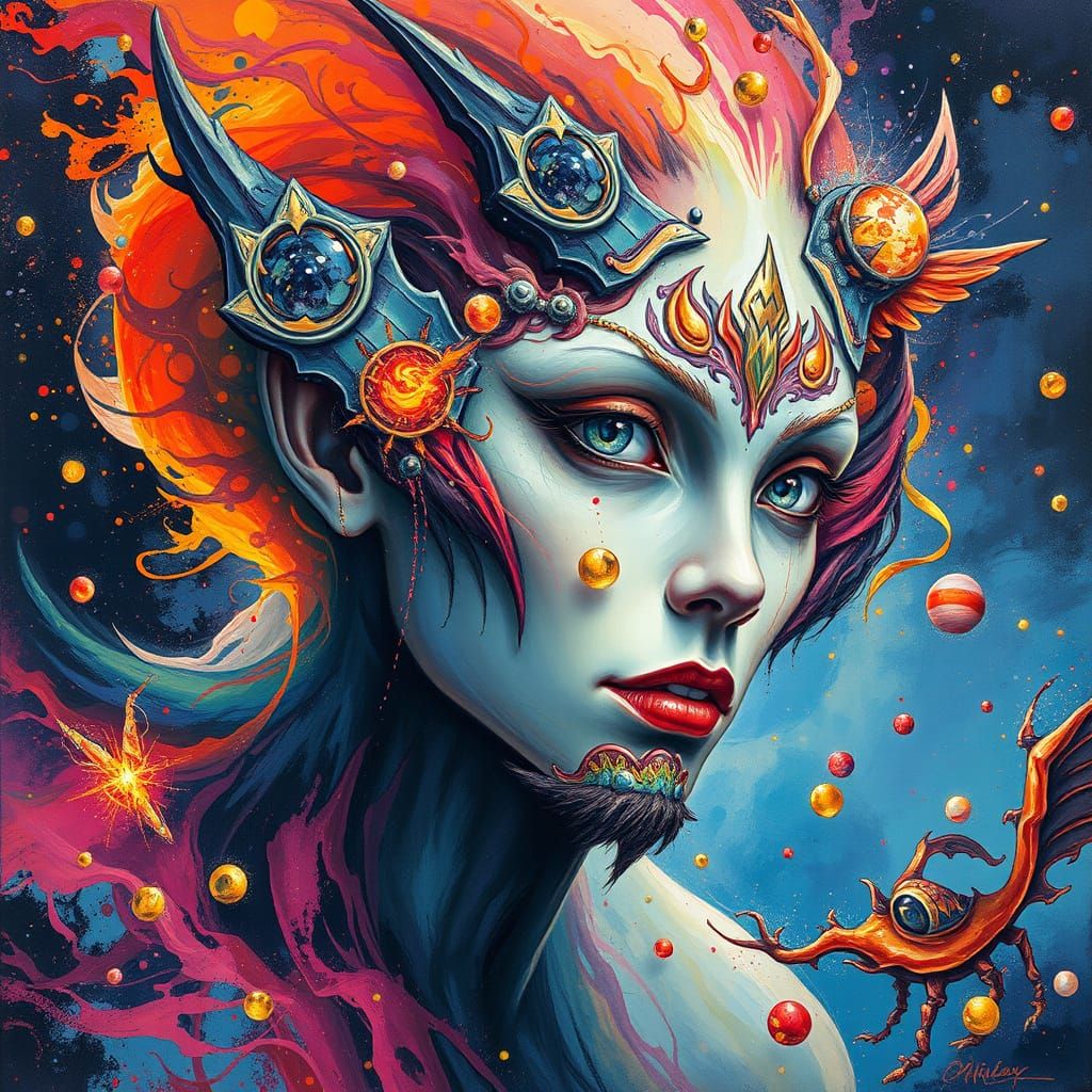 Fantastical Gouache Portrait of a Mystical Being in an Ether...