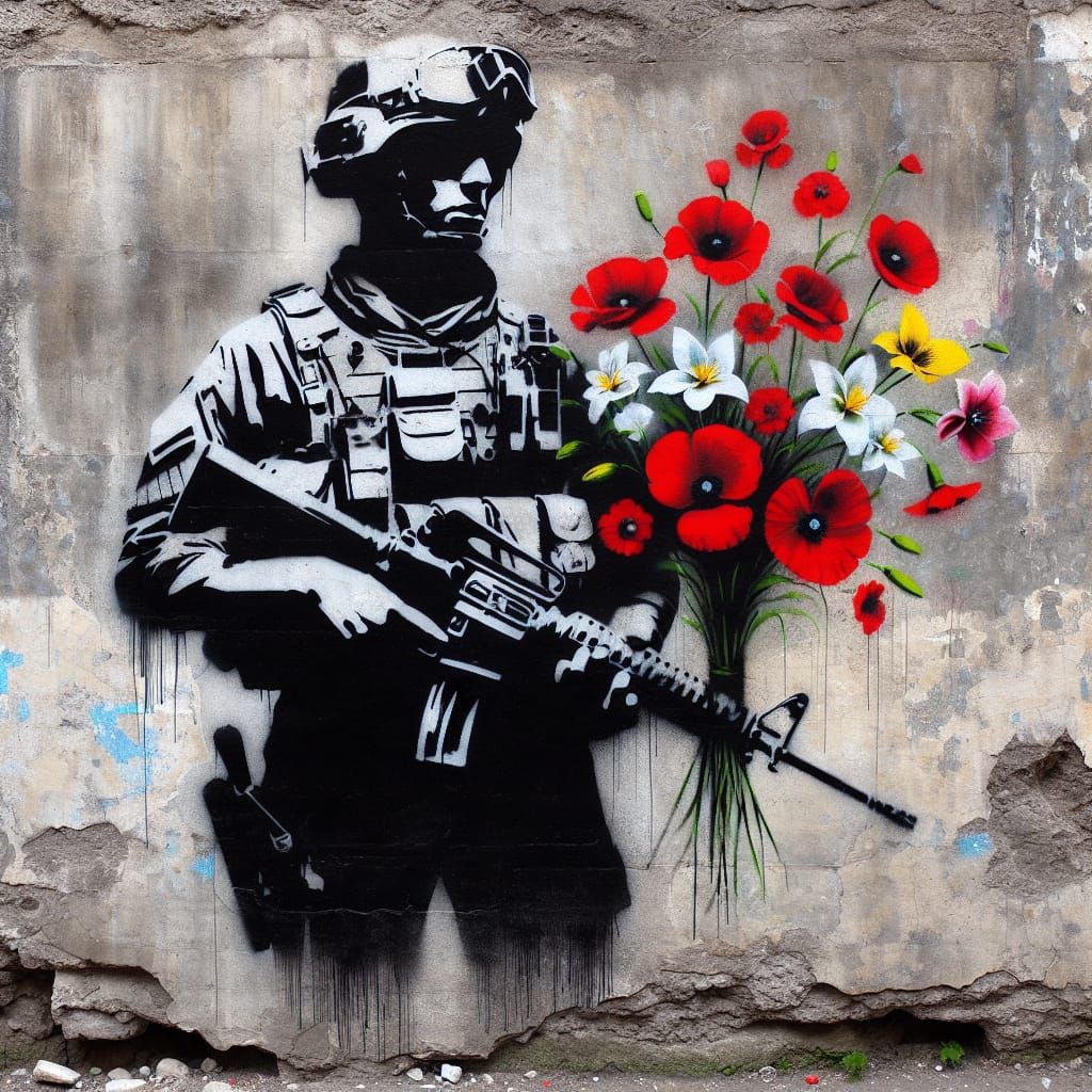 Stencil Art: Soldier with Flowers on Concrete Wall
