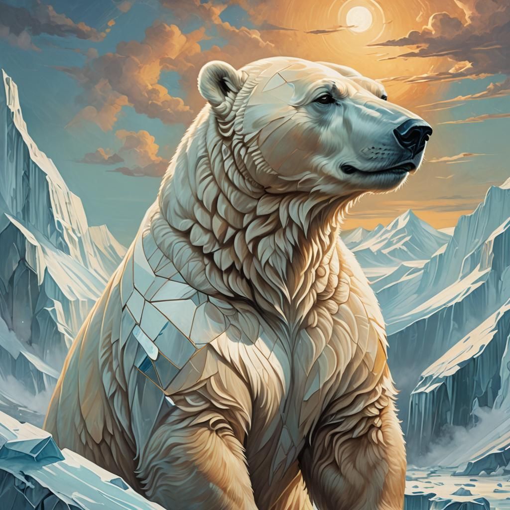 Retro-Futuristic Polar Bear Overlooking Arctic Landscape
