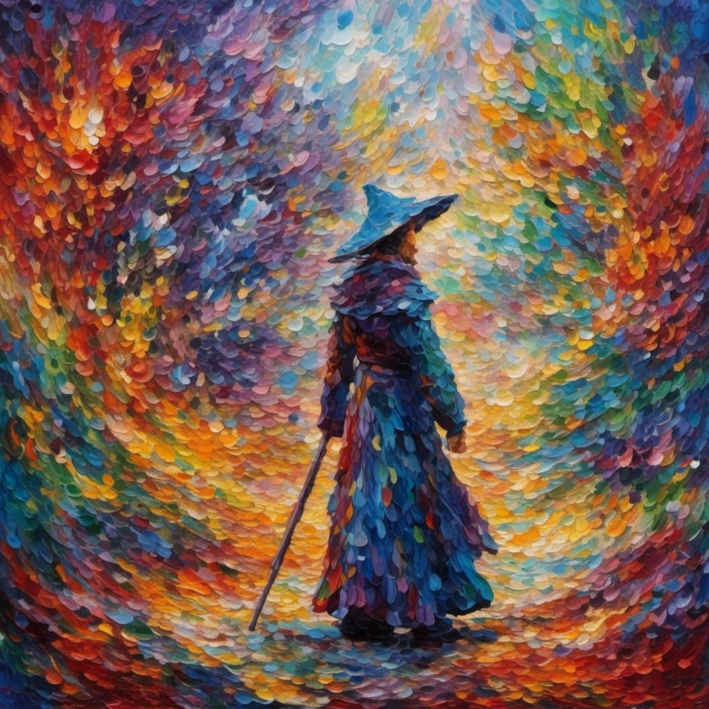 Wizard in Portal: Neo-Impressionist Oil Painting