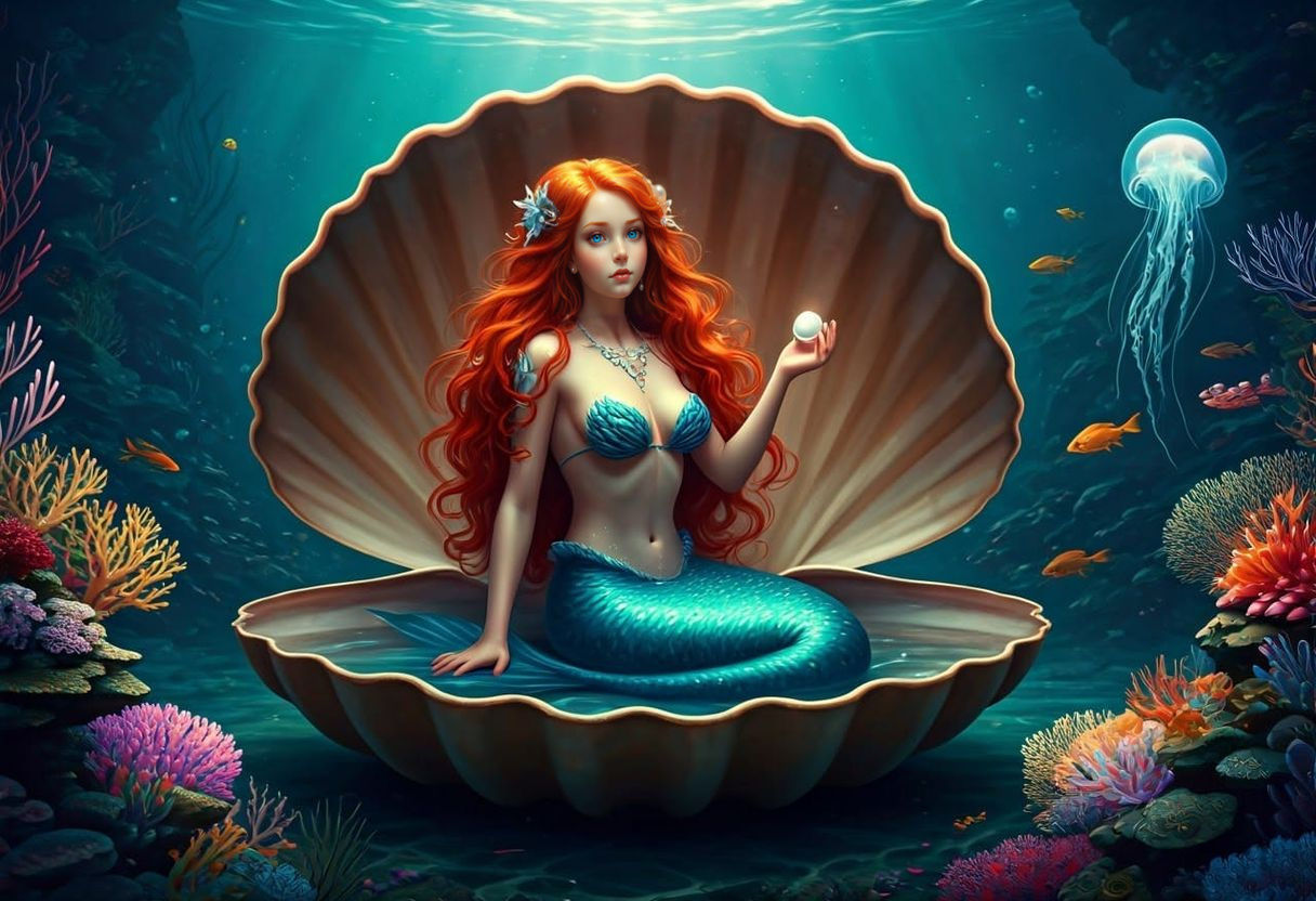 Hyperrealistic Mermaid in Shell, Glittering Tail and Pearl