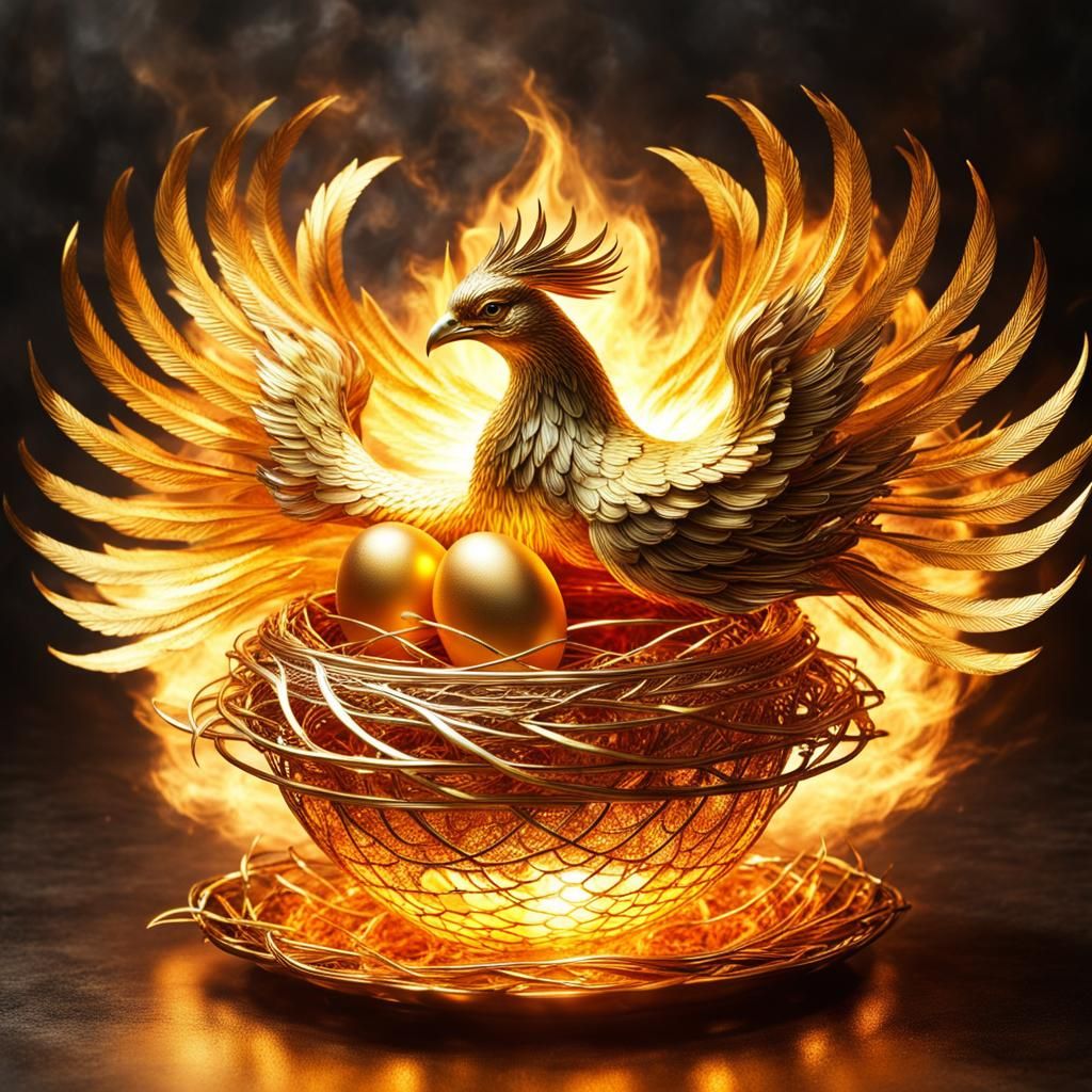 Majestic Phoenix Spreads Flaming Wings Over Golden Nest