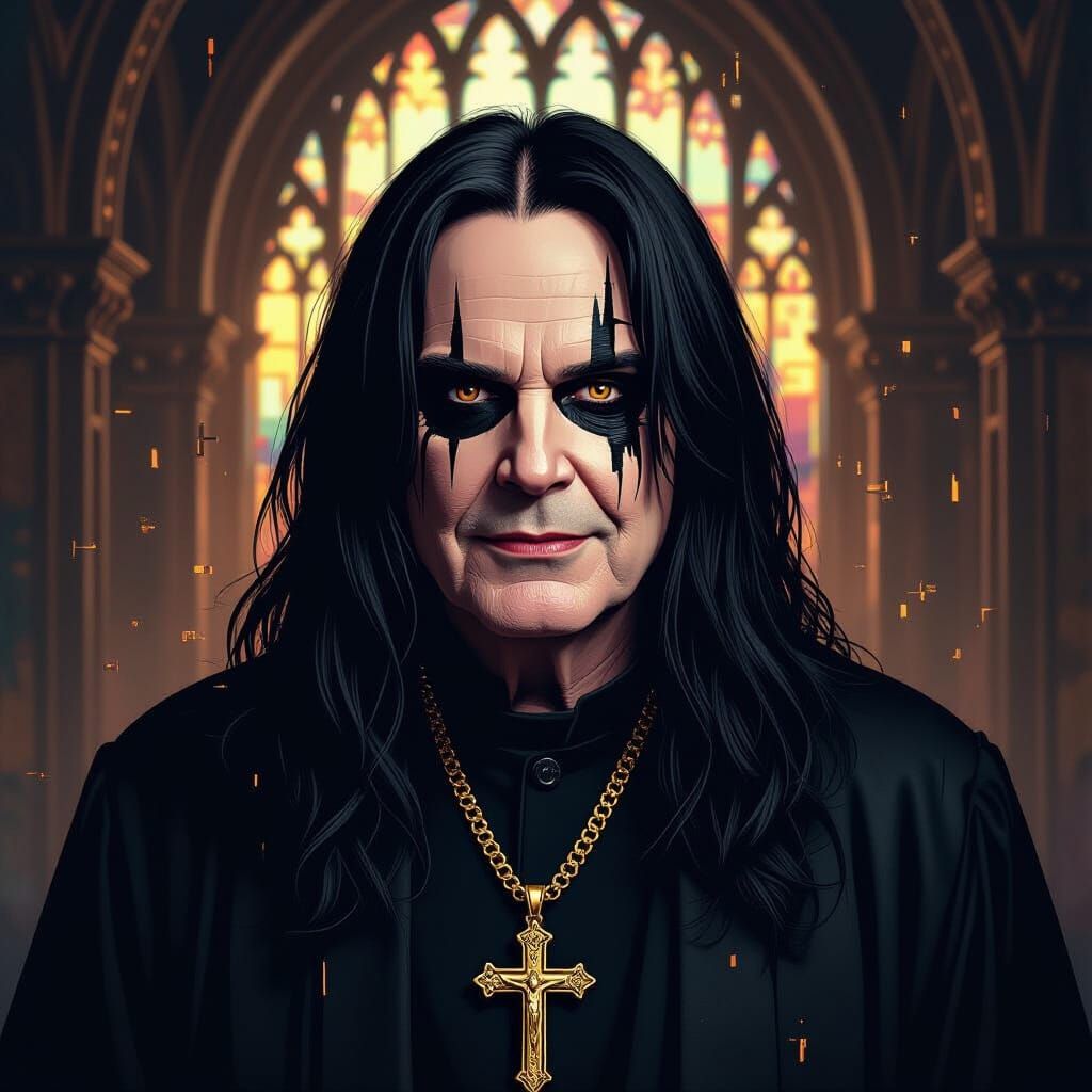 Ozzy Osbourne Glitch Portrait in Gothic Cathedral