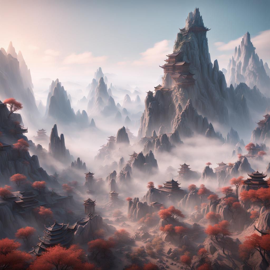 Detailed Chinese Mountain Landscape with Mist