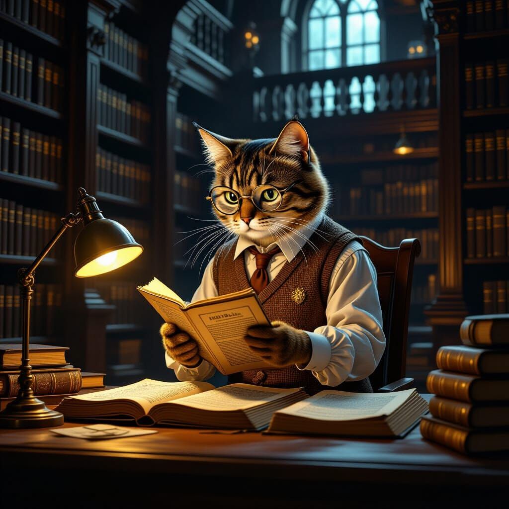 Anthropomorphic Cat Librarian Organizing Ancient Scrolls in ...