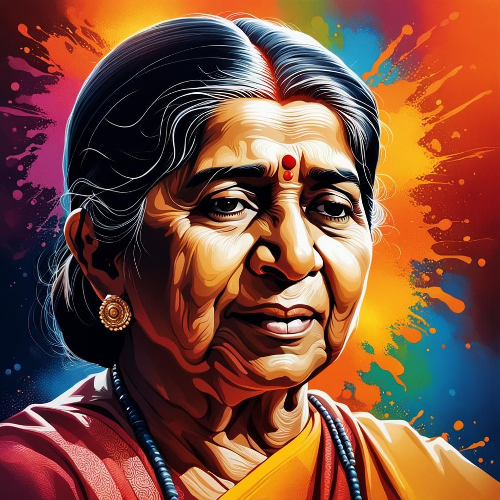 Lata Mangeshkar Portrait in Hyperrealistic Splash Art