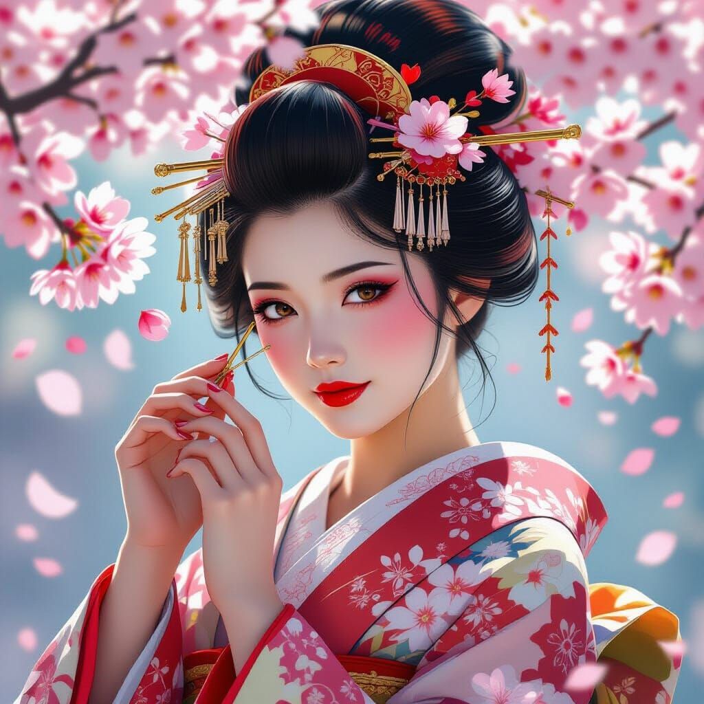 Geisha Adjusting Hairpin Amidst Cherry Blossoms in Japanese ...