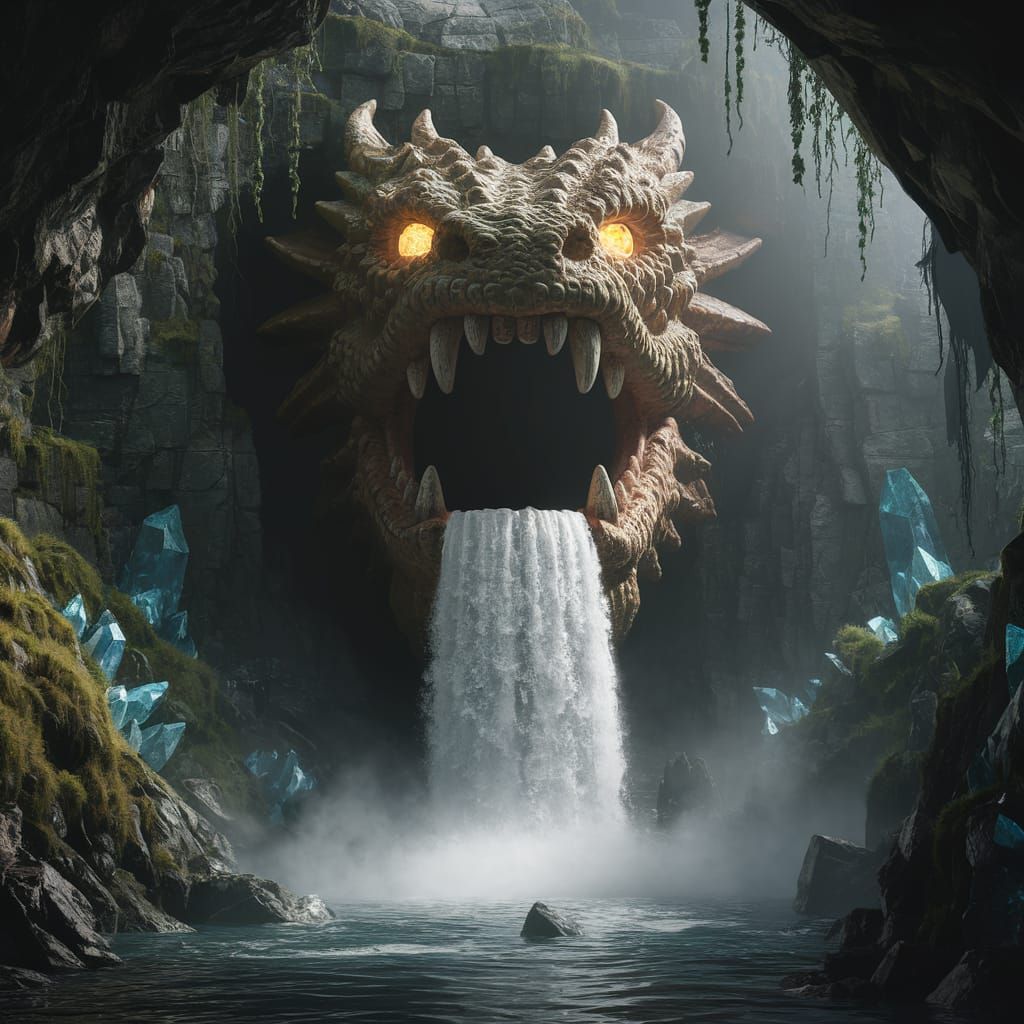 Dragon's Maw: Waterfall from a Cave Entrance
